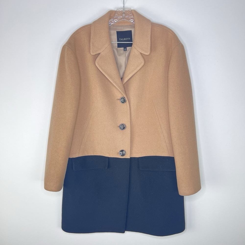 TALBOTS Classic‎ City Career  Khaki Black Color Block Wool Blend Coat Size 10